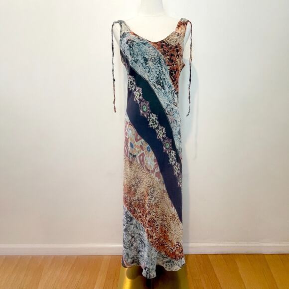 Vintage Y2K Lapis Silk Patchwork Whimsigoth Fairy Grunge Mermaid Boho Dress L - Picture 1 of 8